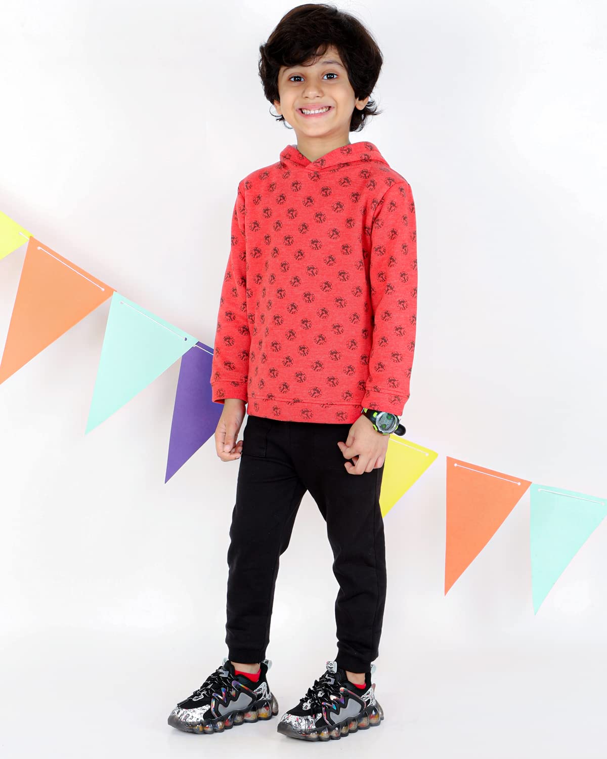 The Mom Store Printed Cotton Full Sleeves Hoodie for Boys| 100% Cotton with Brushed Fleece | Kids Winter wear | Cute Prints | Comfortable | Warm | Red | 3-4 | - Image 5 thumbnail