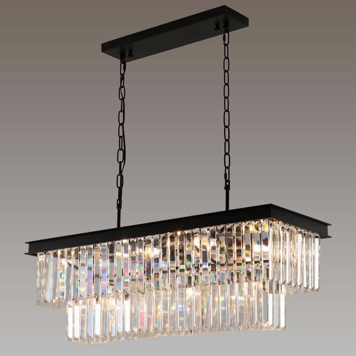 Crystal Chandeliers for Dining Room 11-Light Black Modern Chandelier Rectangle Contemporary Pendant Light Fixture for Kitchen Island Bar L33.5 Inch Black L33.5'' - 11 Lights