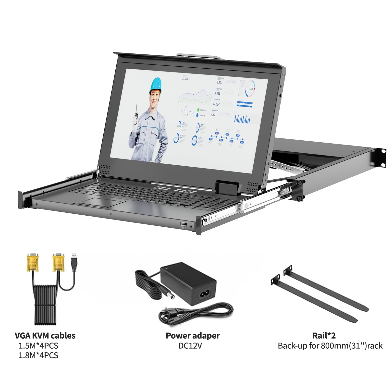 KVM monté en rack avec écran LCD 15,6", commutateur KVM Arvitek 8 ports VGA avec poignée, convient pour rack 1U 19", convient pour armoire réseau 600-800 mm + 8 câbles KVM VGA