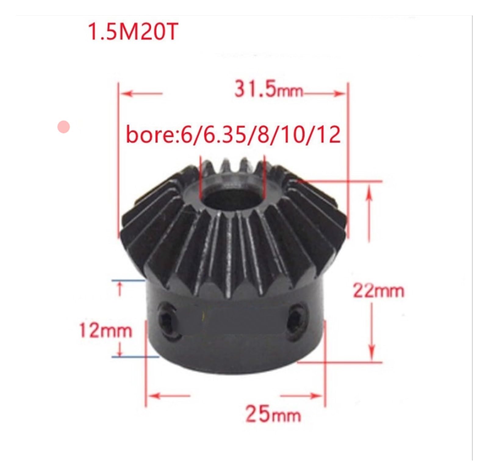 Bevel Gear Pinion Hardware Mechanical 1pc Bevel Gear 1.5M 20Teeth Inner Hole 6/6.35/8/10/12/15mm Gear 90 Degrees Meshing Angle Steel Gears Screw Hole M5(6mm)