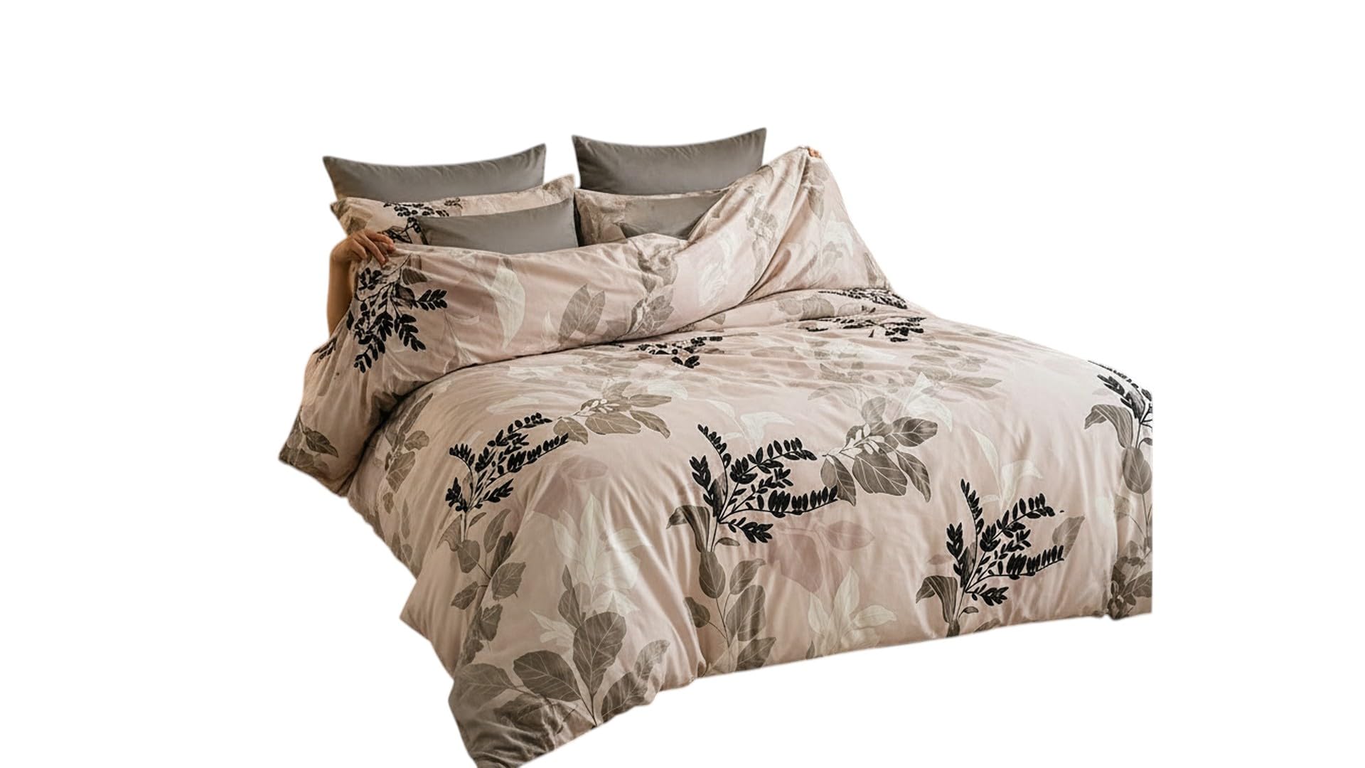 Botanical Leaf Print Bedding Set, Beige with Grey Pillow Covers | Duvet Cover Included, Floral Leaf Design, Bedroom Decor, Fitted Sheet Set, Multi-Piece Set-image-36