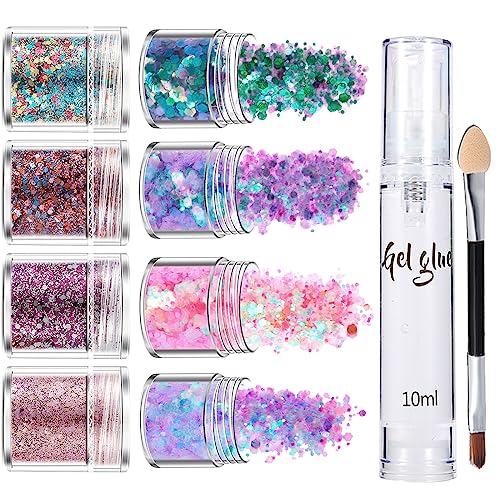 MEITREND Face Glitter Festival with Glue 8 Color Face Glitter Chunky Glitter Paint Festival Accessories Gems Glitter Hairspray Party Decorations Essentials for Body Hair