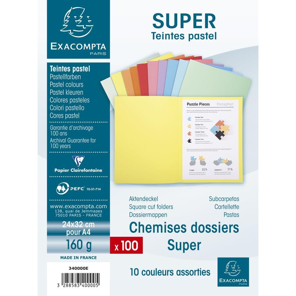 Exacompta 340000E - Lote de 100 Subcarpetas Super 180, Colores Surtidos