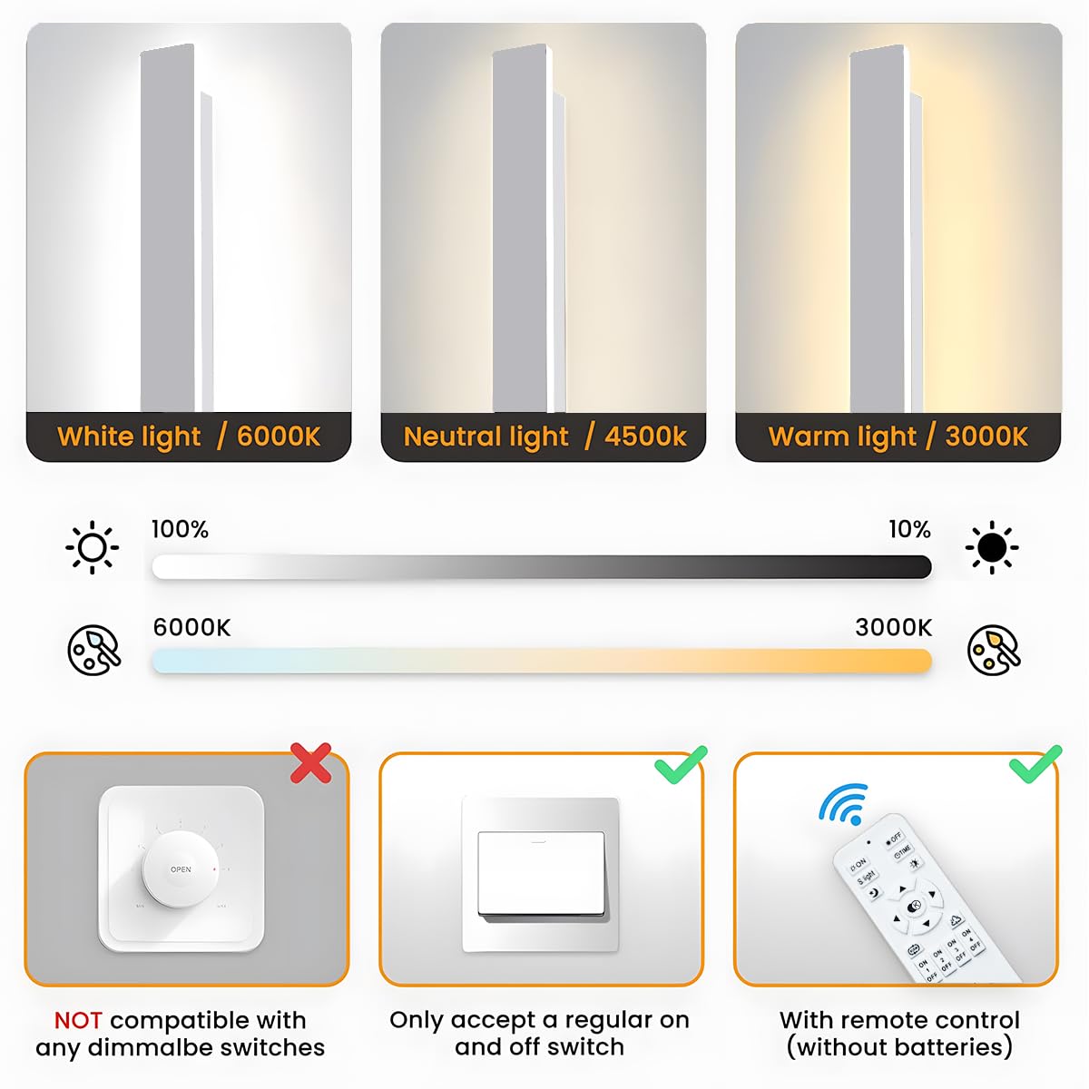 LED Wandleuchte Innen Dimmbar,38W Wandlampe mit Fernbedienung 2.4GHz,10-100% Helligkeitseinstellung Wandbeleuchtung für Schlafzimmer Wohnzimmer Korridor Treppenhaus,Weiß 100CM 110-240V