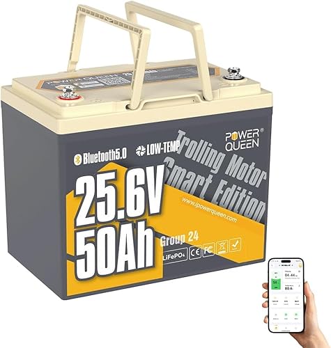 Power Queen 24V 50Ah Trolling Motor Battery, Smart LiFePO4 B