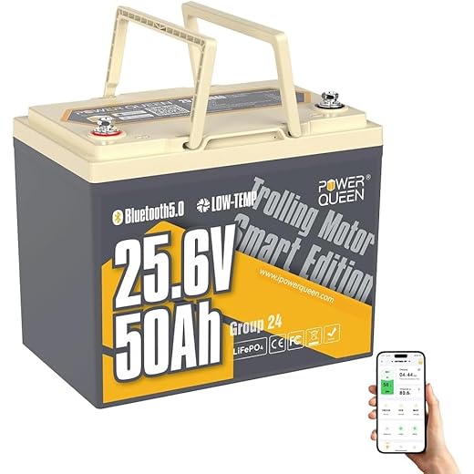 Power Queen 24V 50Ah Bluetooth LiFePO4 Battery, Smart Lithium Battery with Low-Temp Protection,1280Wh Energy & BCI Group 24 for 24V Trolling Motors Up To 100 lb, Marine, Fishing Finder
