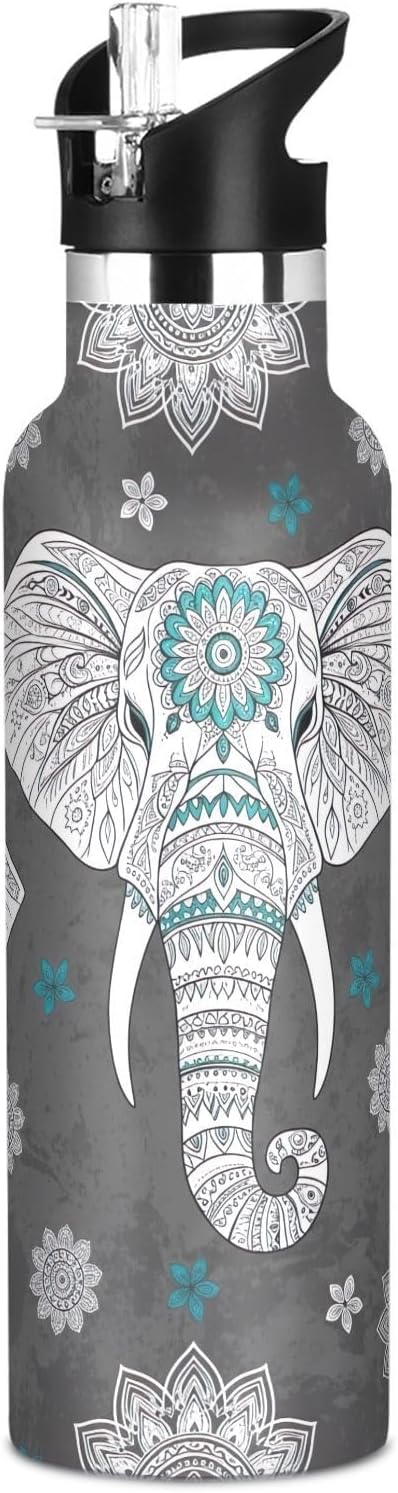 Kids Water Bottle with Straw 20 Oz, Water Bottle Stainless Steel for Travel or School, BPA-Free, Elephant Mandala Paisley White