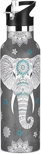 Kids Water Bottle with Straw 20 Oz, Water Bottle Stainless Steel for Travel or School, BPA-Free, Elephant Mandala Paisley White
