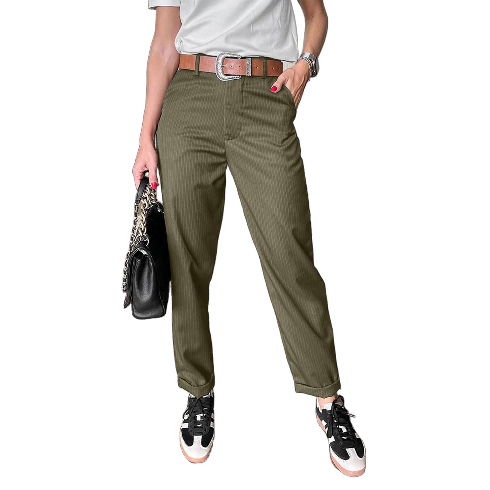 Womens Ankle Dress Pants High Waisted Striped Business Work Pants Cuffed Straight Leg Trouser with Pockets