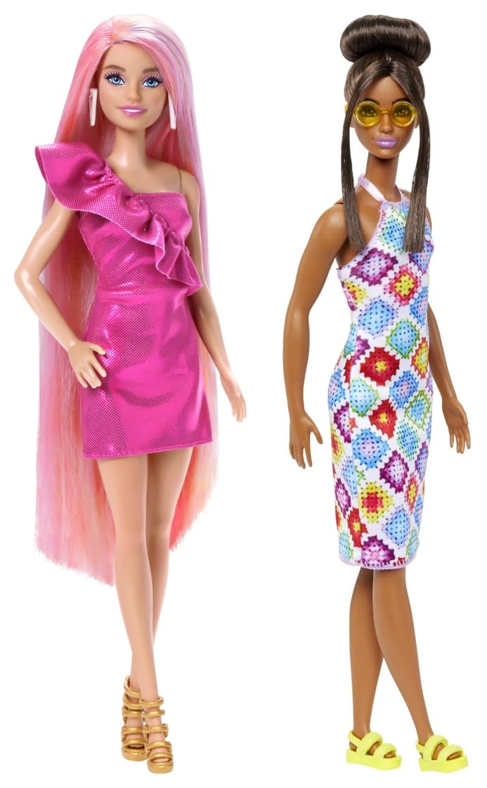 Barbie® Doll, Fun & Fancy™ Hair with Extra-Long Colorful Blonde Hair and Glossy Pink Dress Fashionistas™ Doll #210 with Brown Hair in Bun