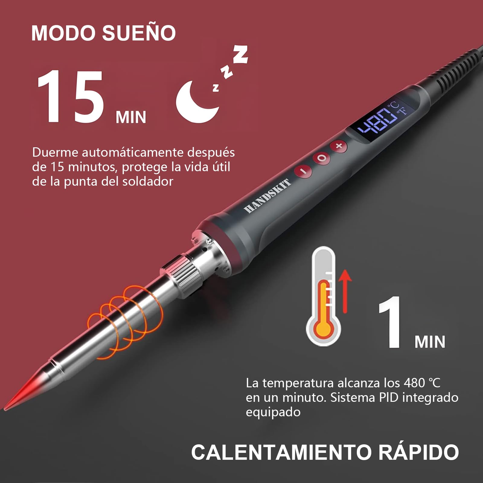 HANDSKIT Soldador Eléctrico 200W con Control de Temperatura Ajustable (180°C-480°C), Pantalla LED, Calentamiento Rápido, Kit Completo con Puntas, Estaño y Mini Soporte, Ideal para Electrónica y DIY