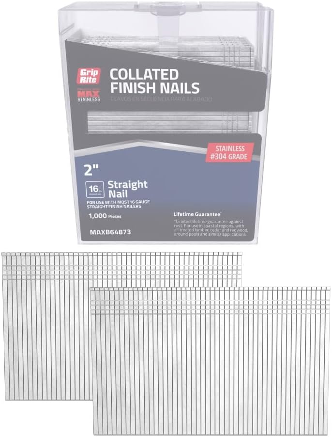 Grip-Rite 16-Gauge Electro - 304 Stainless Steel Straight Finish Nails - Collated Fastener - Steel Nails for Trim Finishing and Fine Carpentry - 2" - 1000 Count - MAXB64873