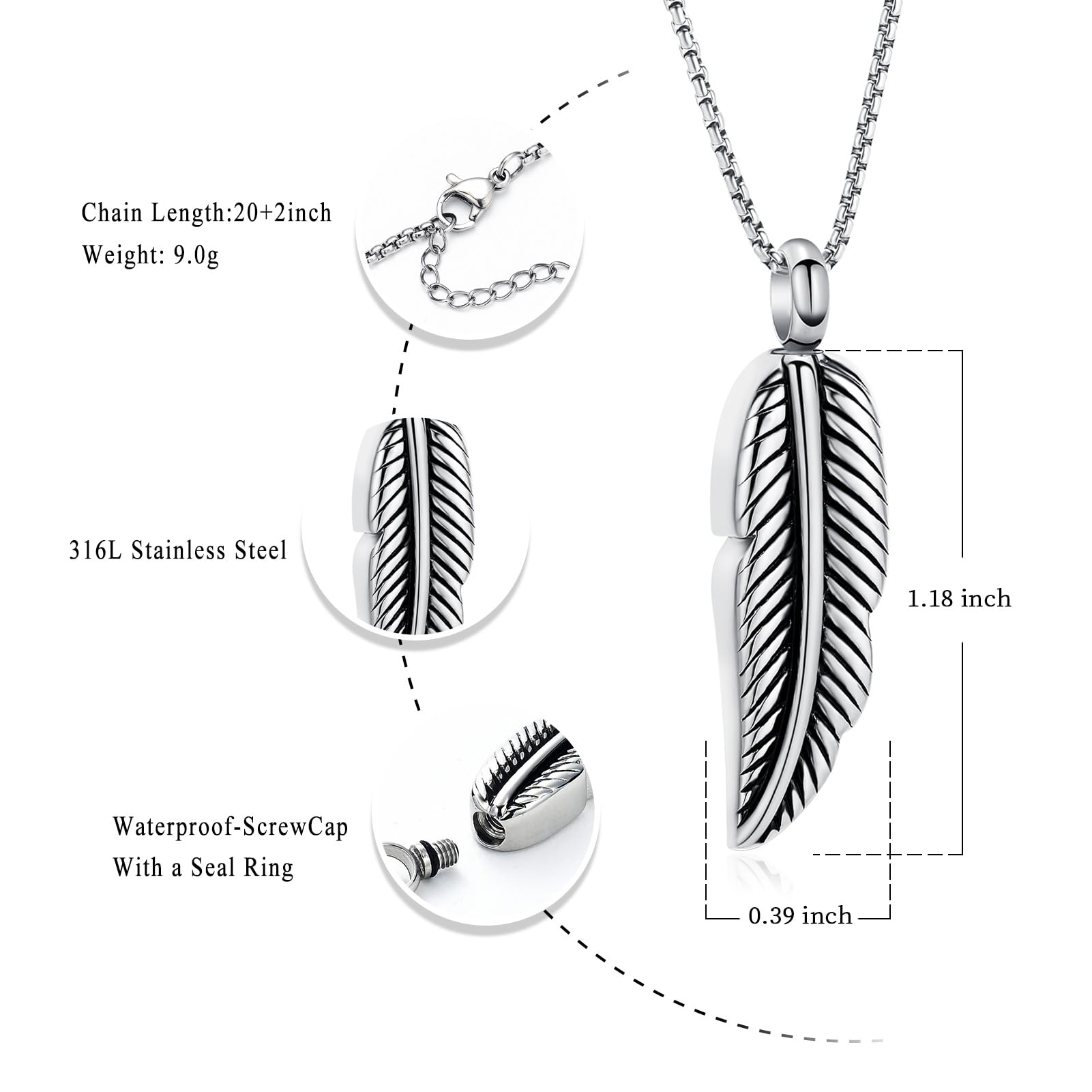 Oinsi Stainless Steel Feather Urn Necklace Hold Cremation Ashes Keepsake Memorial Jewelry +Box+Fill Kits (Customize)
