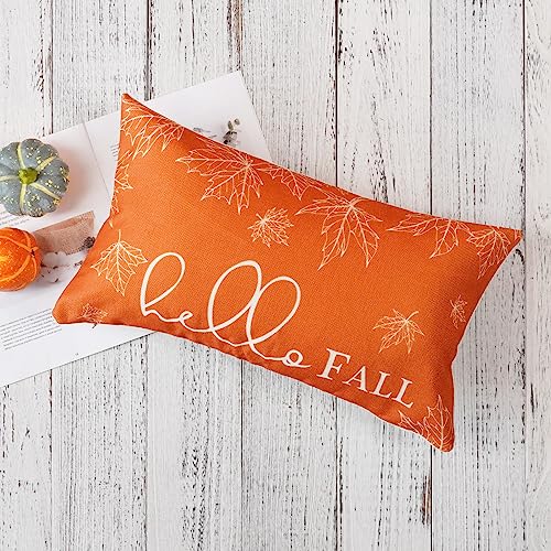 ONWAY Fall Throw Pillow Covers 12×20 Set of 2 Farmhouse Hello Fall Pumpkin Maple Leaves Decorations Outdoor Patio Autumn Seasonal Cushion Cover for Sofa Couch Home Bed
