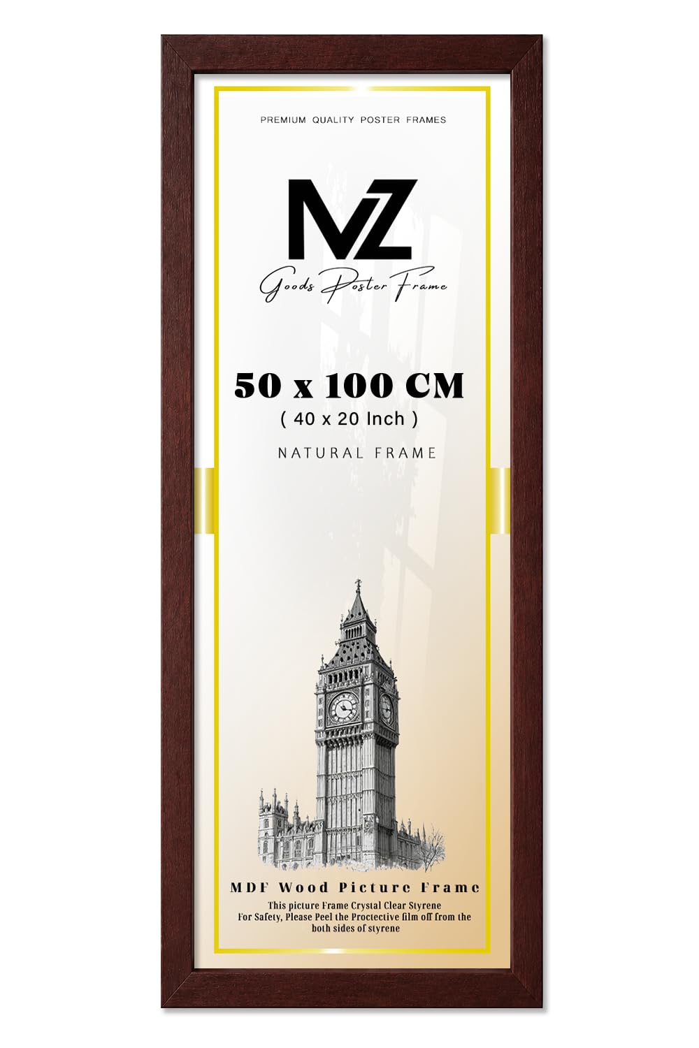 MZ GOODS | MDF Picture Frame (50 x 100 CM) 20 x 40 for Posters, Artwork & Wall Décor, Elegant MDF Finish, Secure Hanging Hooks Included [ Mahogany ]