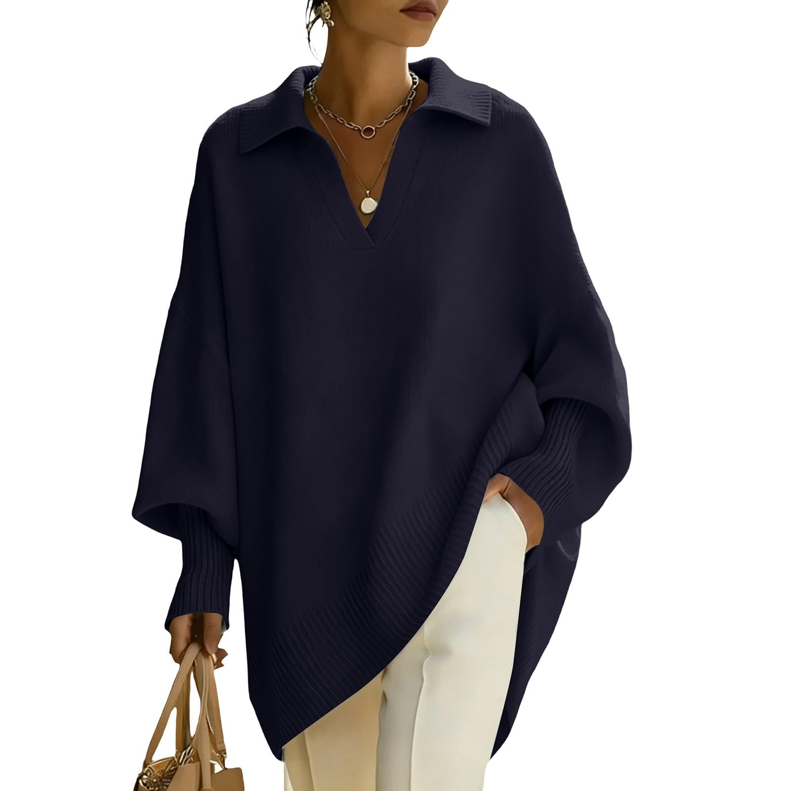 Generisch Haut élégant en polaire pour femme - Sweat à manches longues - Surdimensionné - Pull tendance - Grandes tailles - Col en V - Pull long décontracté pour vêtements de détente - Pull d'automne