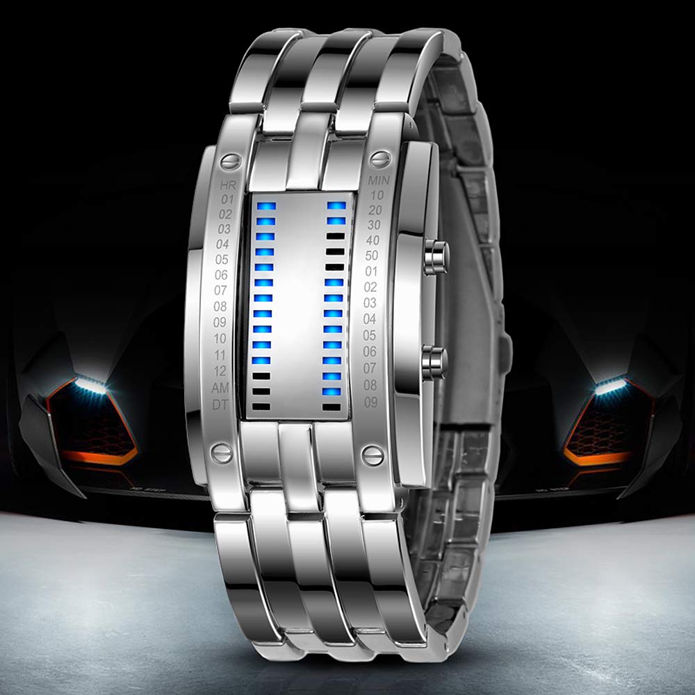 Binario Relojes Digitales de Hombre y Mujer Rectangular Acero Inoxidable del Bisel Azul LED Luminosidad Fashion Unico Casual Calendario Reloj de Pulsera, Plateado