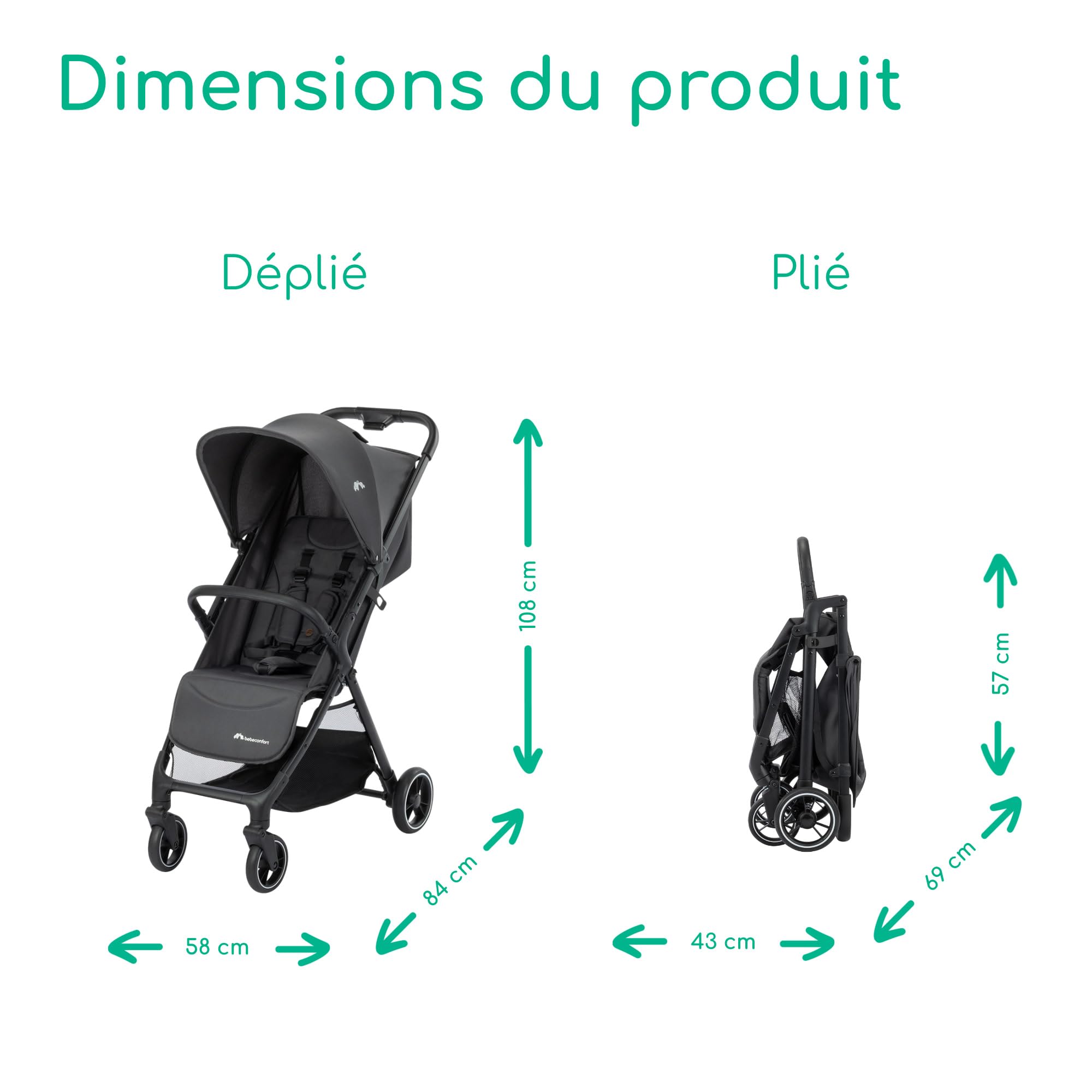 Bebeconfort Azur, Poussette Canne Compacte, 0-3 ans (15 kg), Poussette Bébé Légère, Pliage Automatique à Une Main, Inclinaison Jusqu'en Position Allongée, Panier Spacieux, Mineral Graphite