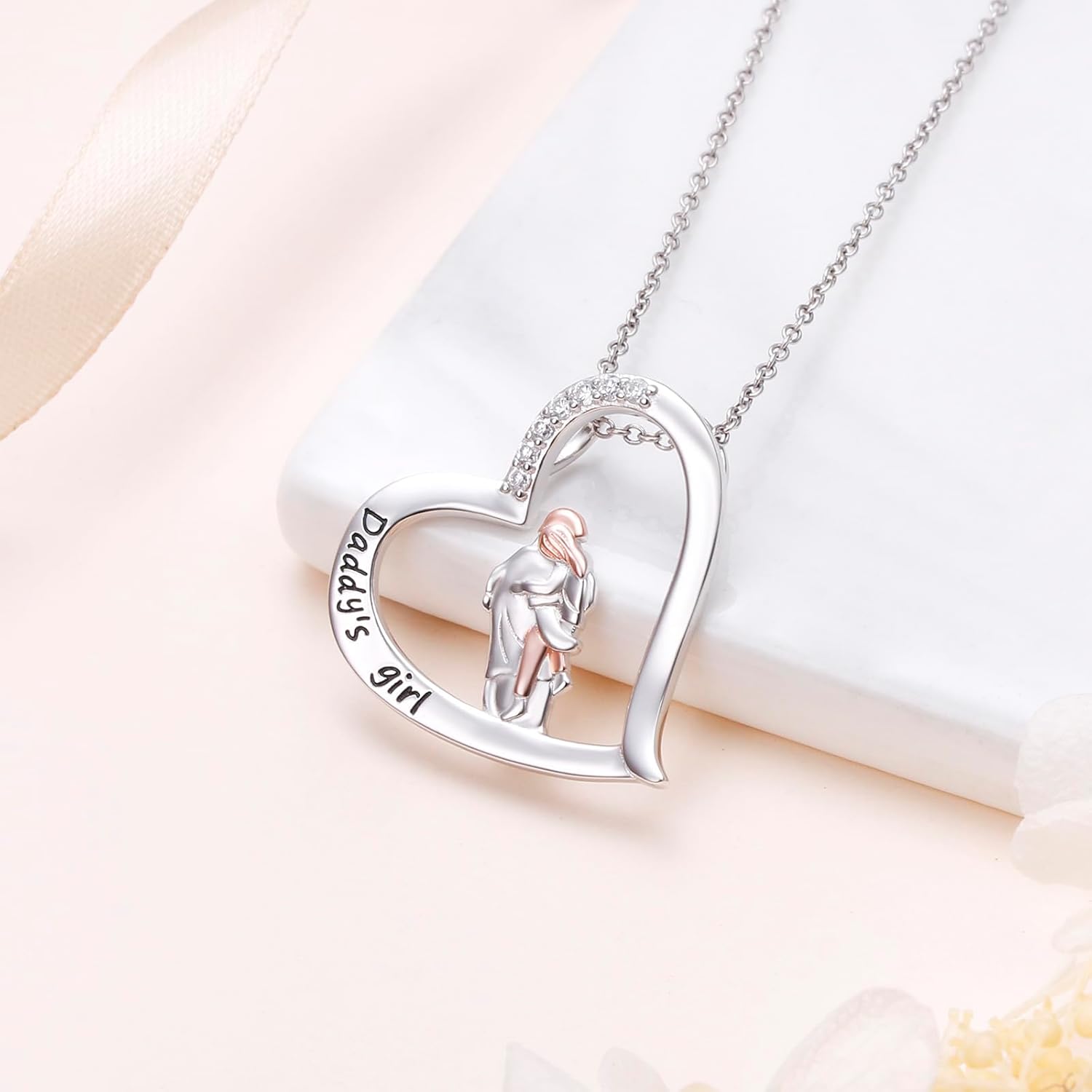 Alphm S925 Sterling Silver Father Daughter Heart Pendant Necklace Jewelry from Dad Mom