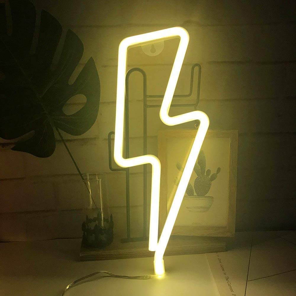 Luz de noche LED de neón, Letreros de neón en forma de rayo Luz de noche decorativa de pared Batería y USB alimentado para decoración del hogar (Blanco cálido)
