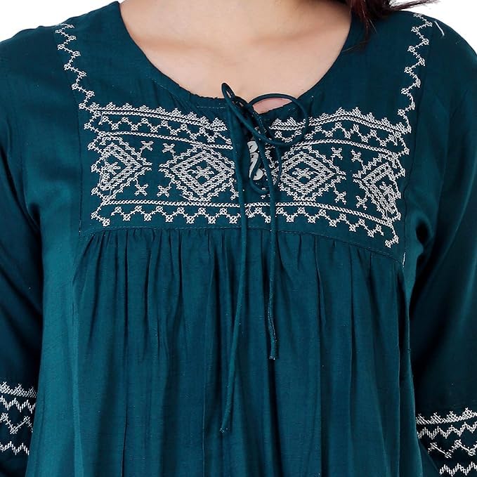 Image of Avayayat Women's Rayon Classic Heavy Embroidery Top with Beautifull Tassels at Front and on Both Sleeves Regular Fit Office Wear Festival Tunic Jeans Summer