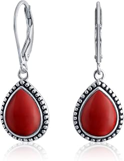 Boho Western Style Milgrain Setting Semi Precious Gemstones Lapis Turquoise Jade Onyx Quartz Pear Shaped Teardrop Lever Back Dangle Drop Earrings For Women Teen Oxidized .925 Sterling Silver