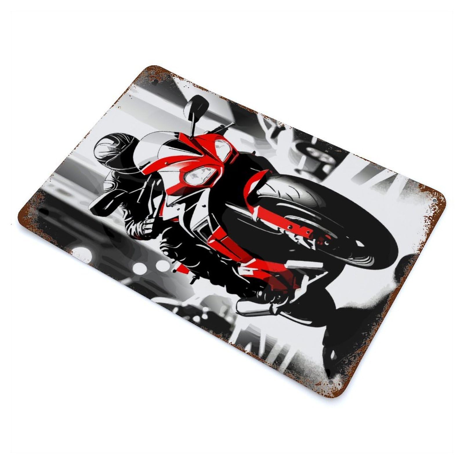Garage Style Red Motorcycle Rider in Cityscape Vintage Metal Tin Sign 11.8"x7.9", Retro Wall Decor for Bar And Workshop