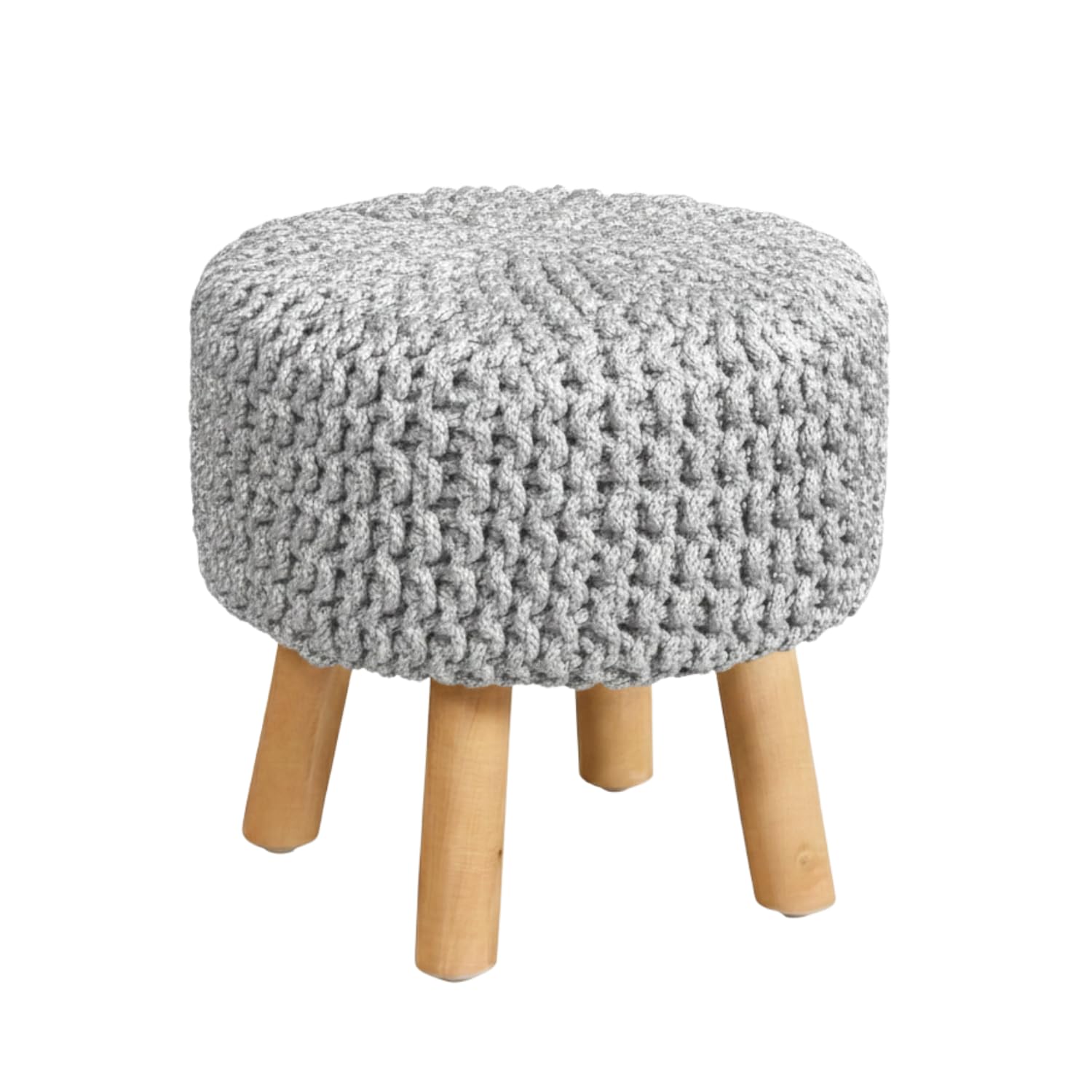 Dazzle Collection Knitted Round Ottoman Footstool with Wooden Legs 100% Cotton Knitted Pouffe Foot Rest Stool, Padded Seat, Non-Slip Base for Living Room, Bedroom & Lounge Furniture (Silver)
