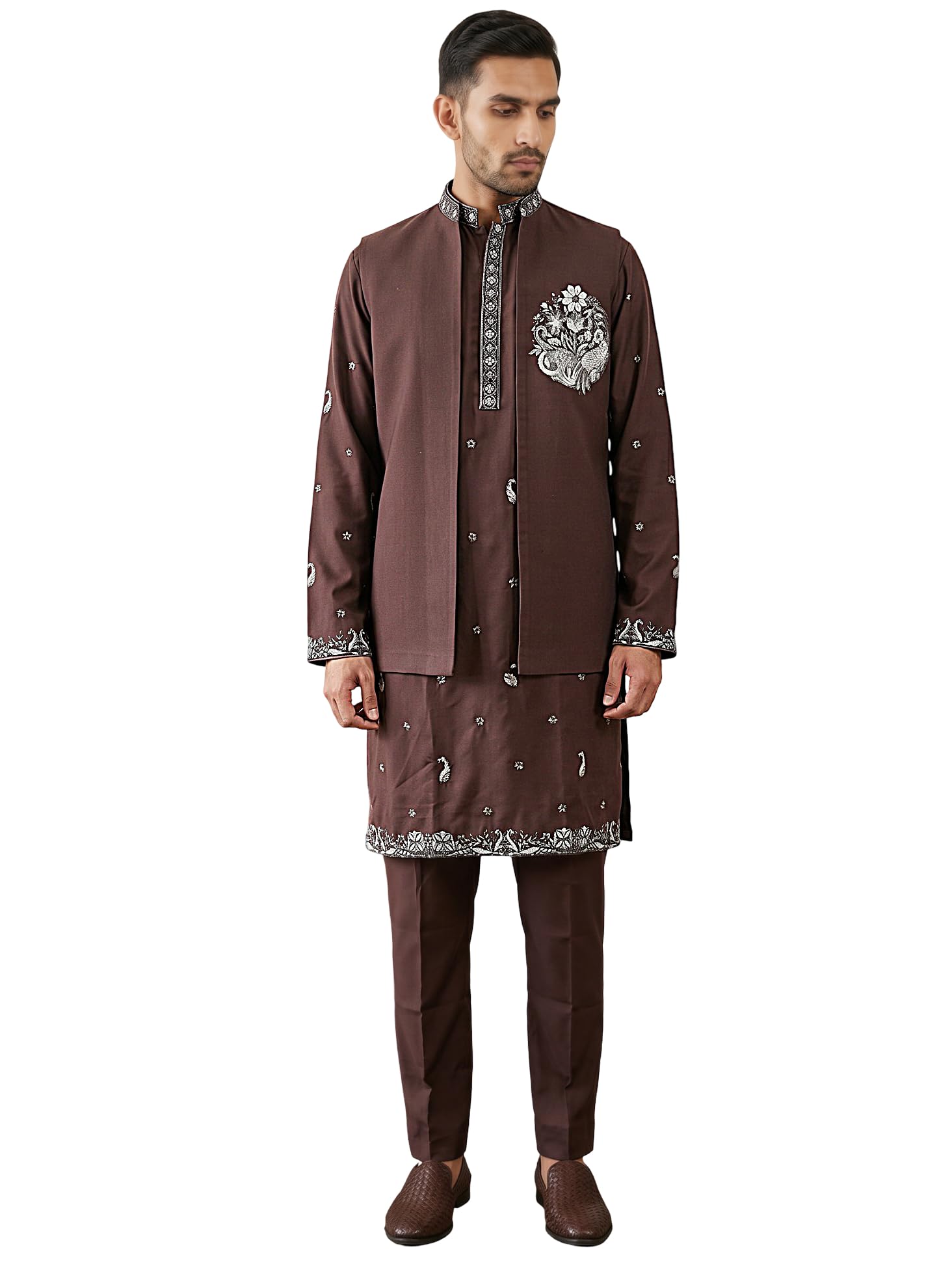 Japanese Fabric Floral Embroidered Kurta Pyjama & Waistcoat Set-image-44