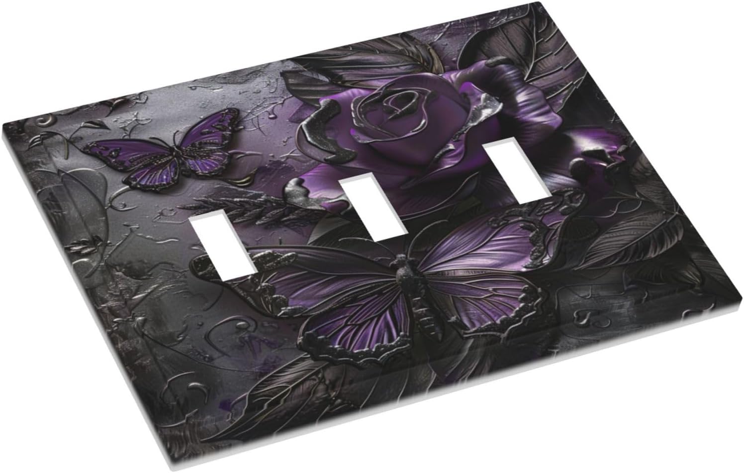 Decorative Switch Covers Plate Purple Rose Butterfly Flower 3 Gang Wall Plate Oversized Triple Toggle Light Switch Plate Jumbo Faceplate for Bedroom Home Decor