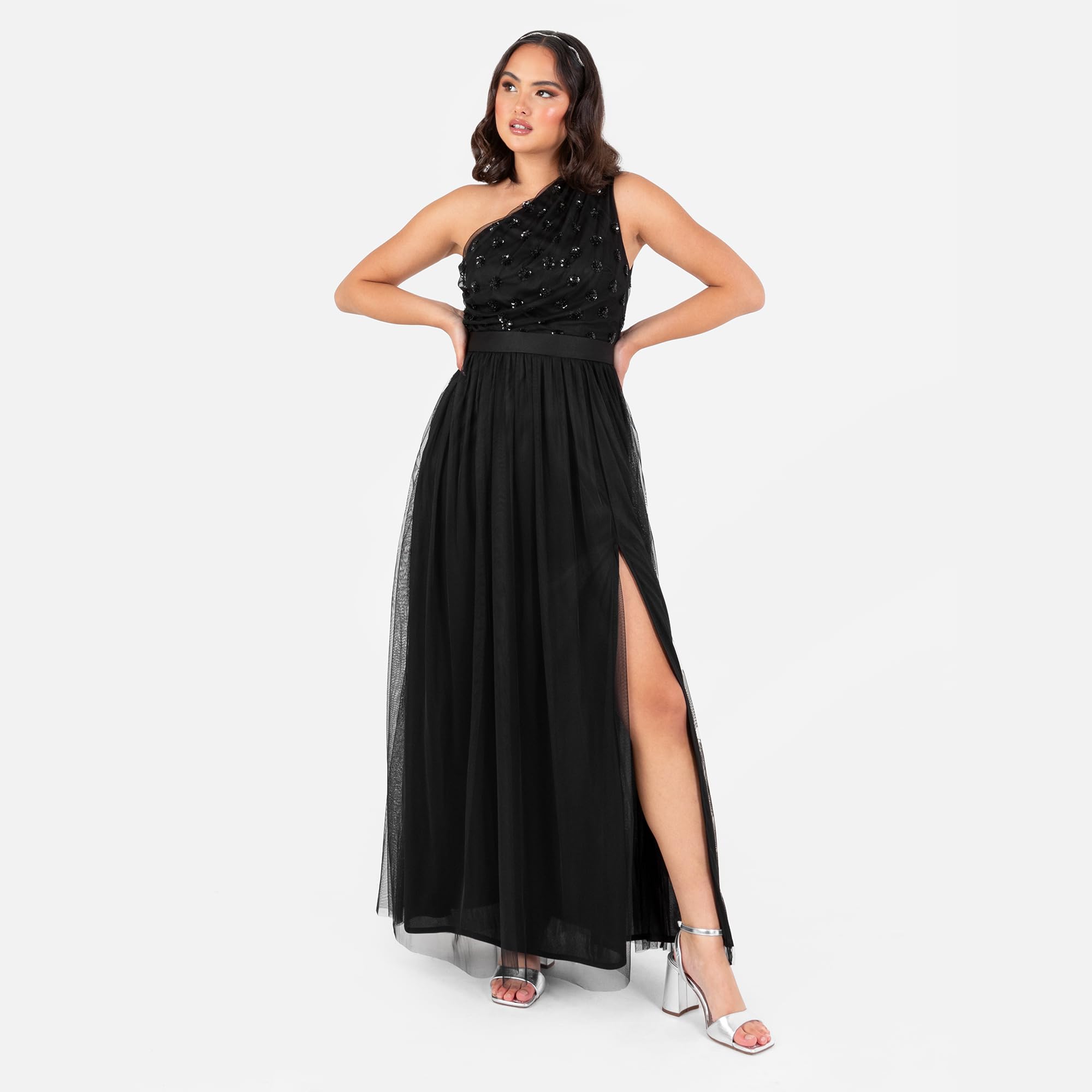 Maya Deluxe Damen Women's Maxi Dress Ladies One Shoulder Sleeveless Floral Sequin Embellished Sash Tie Belt Tulle A-line Split Bridesmaid Dress (1er Pack)