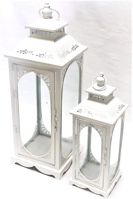 Cream Patterned Set of 2 TALL Lanterns Metal & Glass perfect for weddings