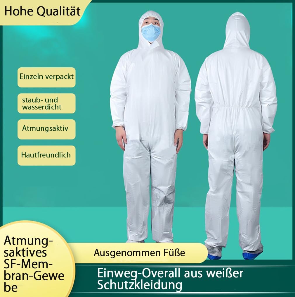 Einweg-Arbeitsanzüge,Körper Anzug Set,Schutzanzug Mit Kapuze,Laboroveralls Kittel,Maleranzug,Arbeits-Coverall-gegen Chemikalien & Partikel,Unisex,Staubdicht,Wasserdicht-5pcs 50g||175cm