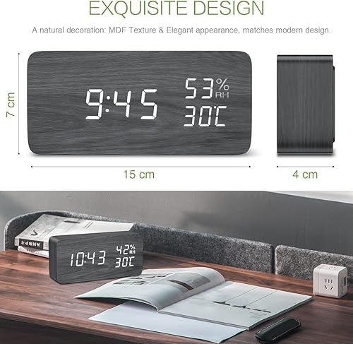 Miniatura 3 de KeeKit Reloj despertador digital de madera, reloj de escritorio LED electrónico con pantalla de temperatura y humedad, 3 ajustes de alarma, control