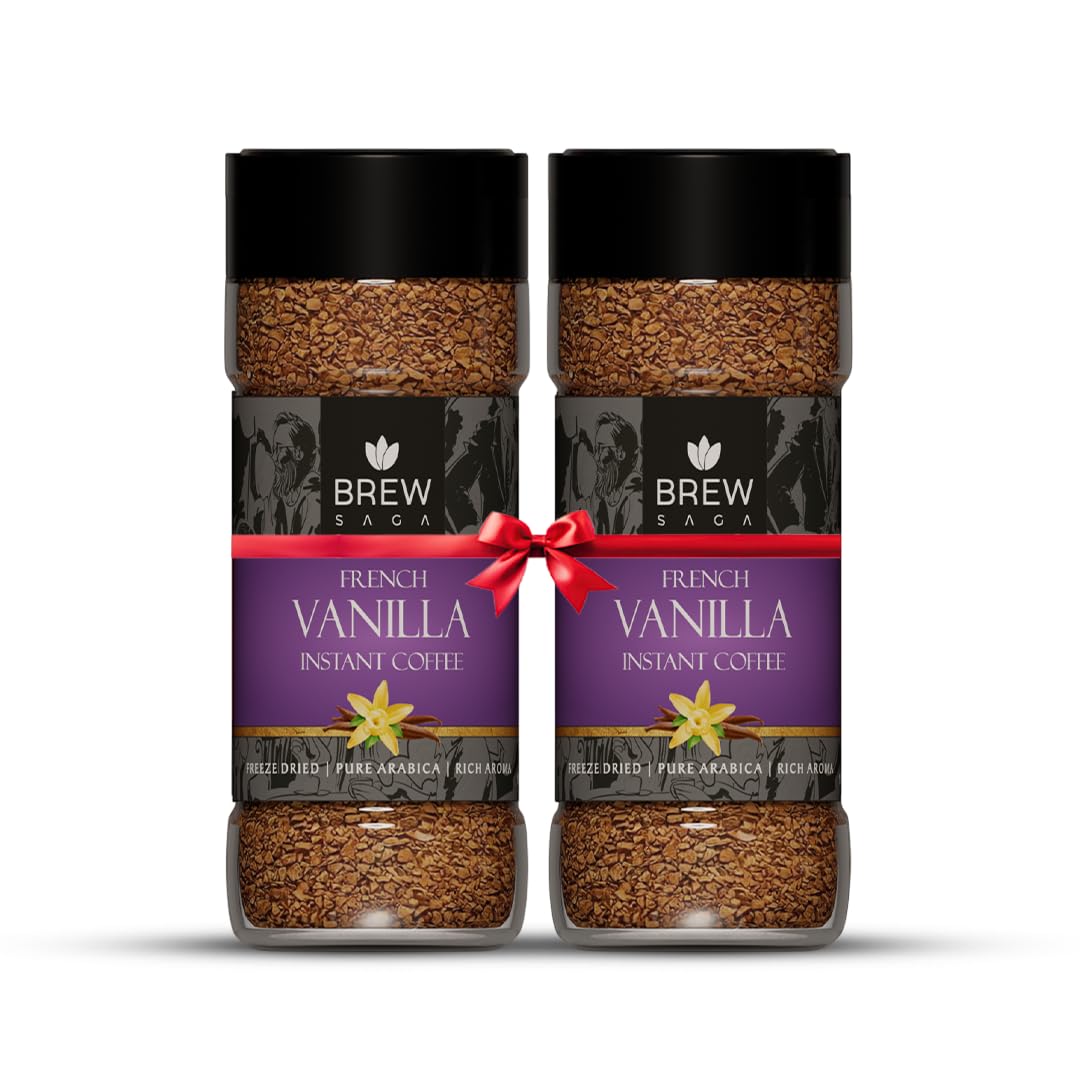BrewSaga French Vanilla Instant Coffee | Premium Freeze-Dried Arabica Blend | Smooth & Creamy Flavor with Rich Aroma | 2 x 50g Jars | 100% Pure Coffee, No Added Sugar | Cafe-Style Coffee at Home