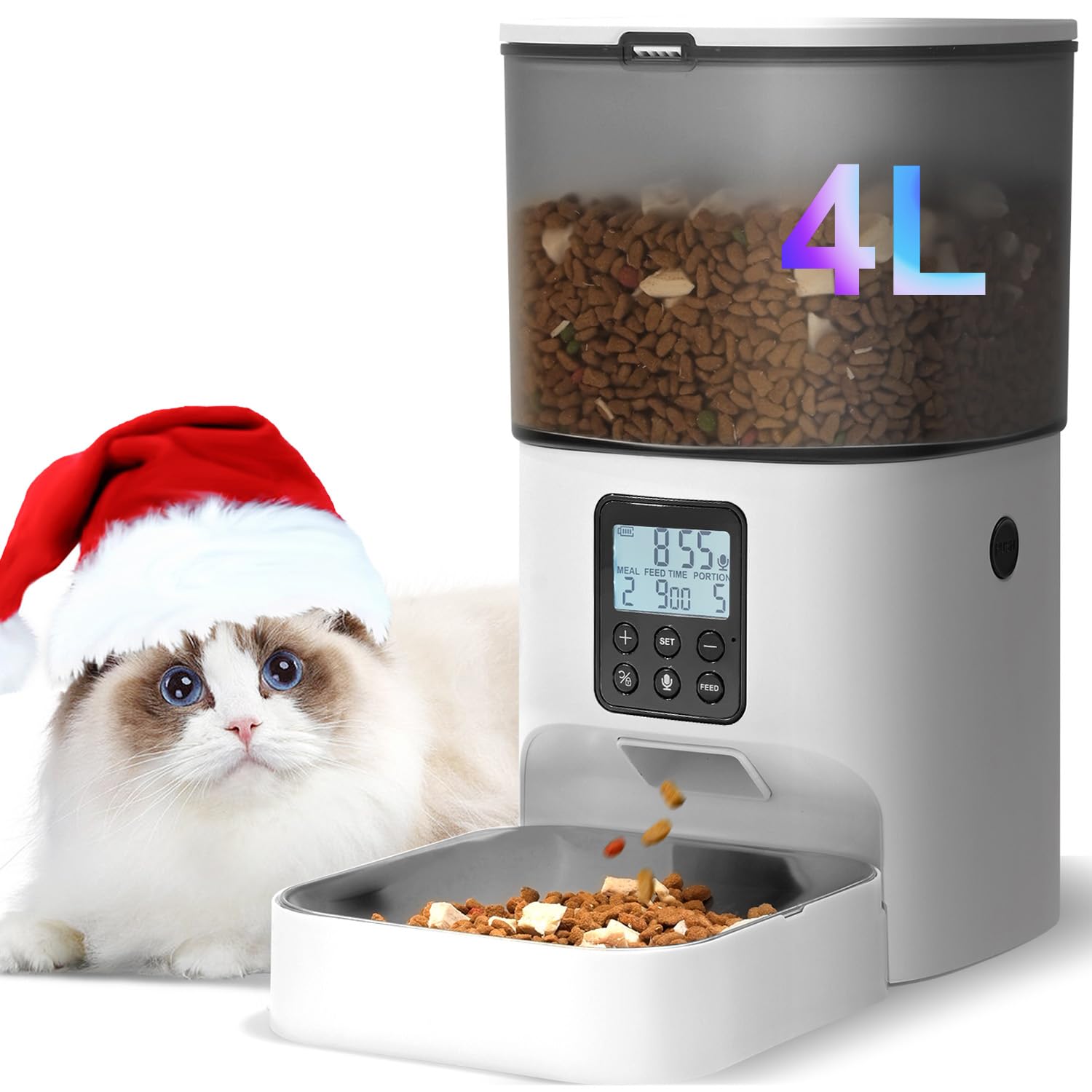 Comedero automático para gatos, dispensador de comida para gatos de 4 litros con temporizador, grabadora de voz interactiva, alimentador automático para gatos con bolsa desecante, 1-8 comidas de