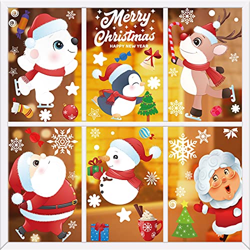 12 Sheets 282PCS Christmas Window Clings Snowflake Christmas Decorations Double Side Reindeer Santa Claus Xmas Decor Window Stickers Decals Christmas Decoration for Indoor Holiday Party Supplies