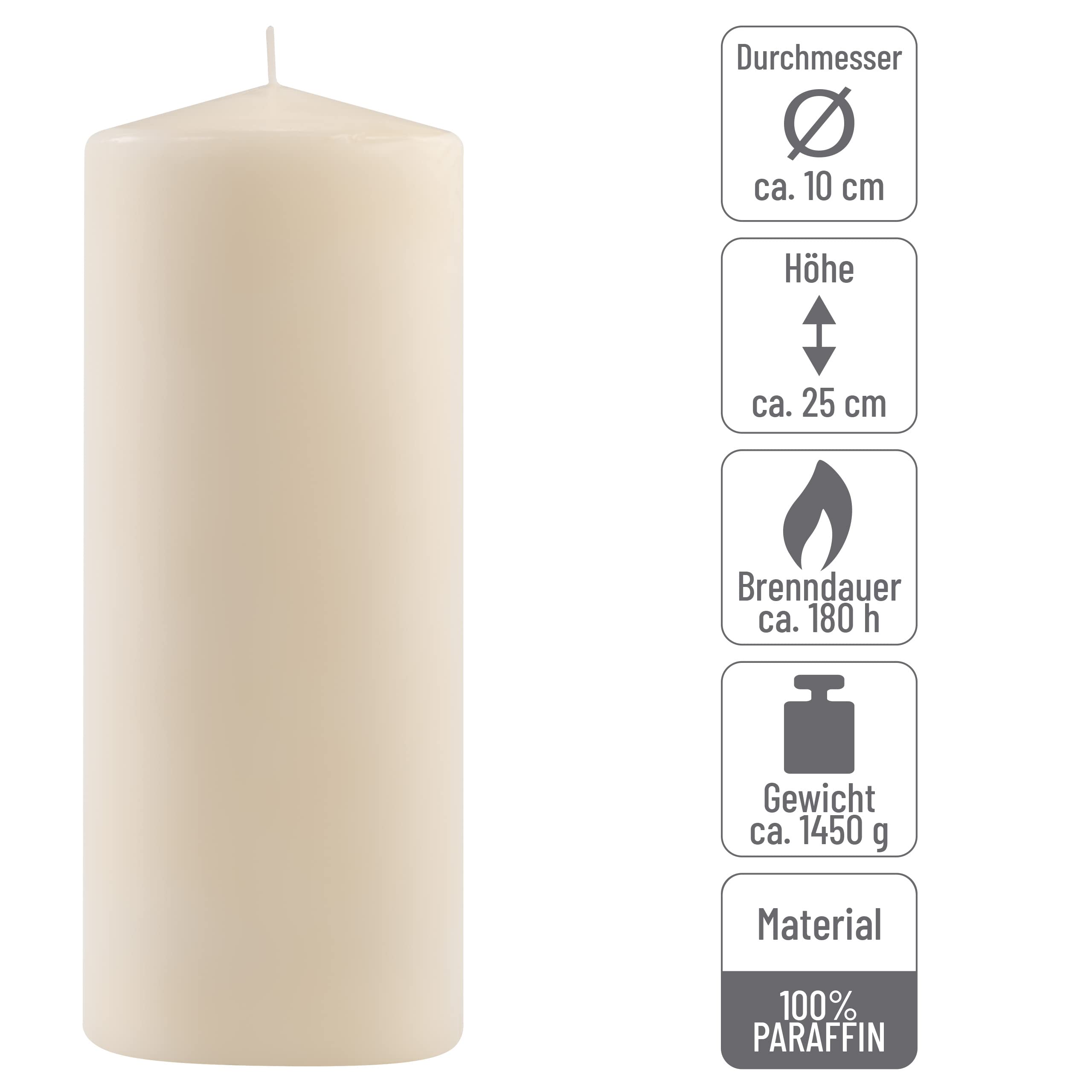 Stumpenkerze creme Höhe 25 cm Ø 10 cm lange Brenndauer Rund-Kerze Säulenkerzen Kerzen-Deko Tafelkerzen Weihnachts-Kerzen Hochzeit Xmas (6)