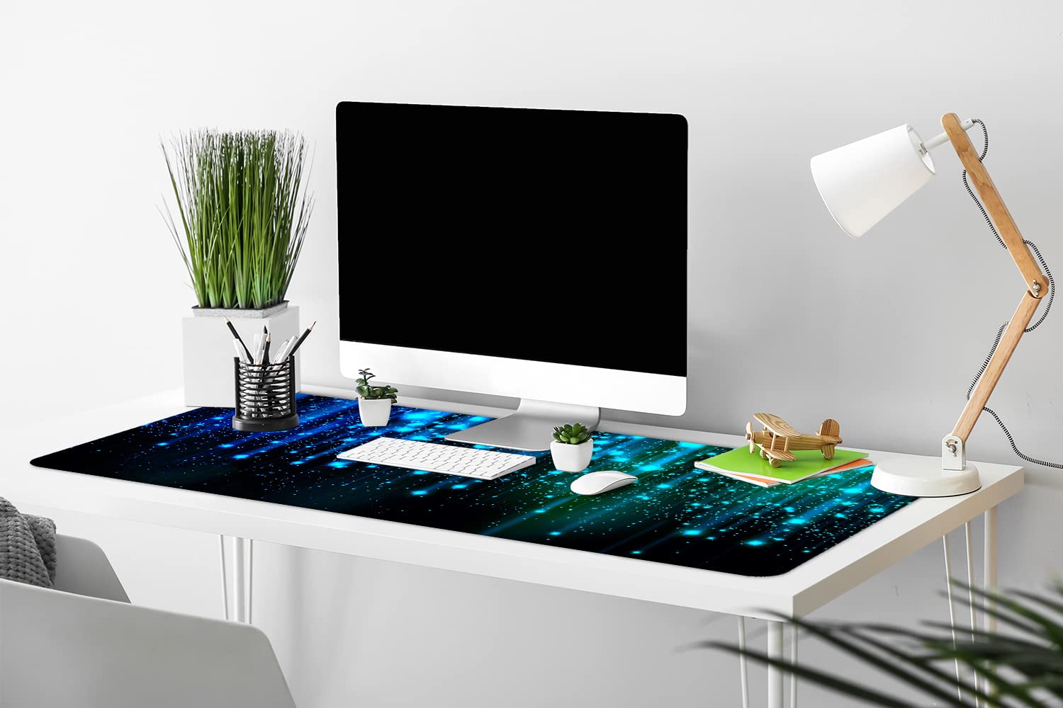 Decormat 120x60cm Sottomano da scrivania Protezione per tavolo per mouse Grande - Particelle blu