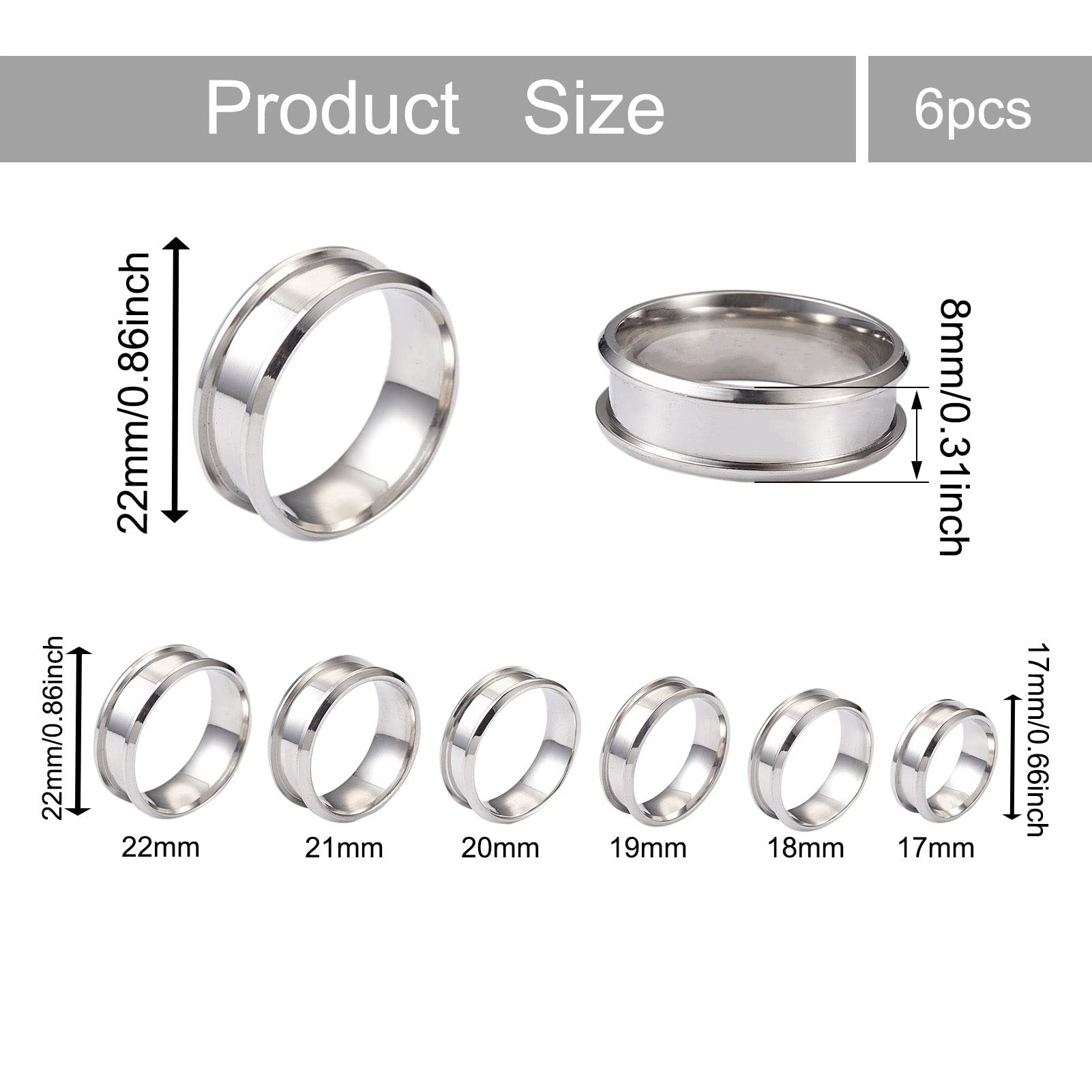 Craftdady 6pcs 6 Dimensions Stainless Steel Ring Core Blank 8mm Grooved Finger Rings Stainless Steel Color for Inlay Ring Jewelry Making
