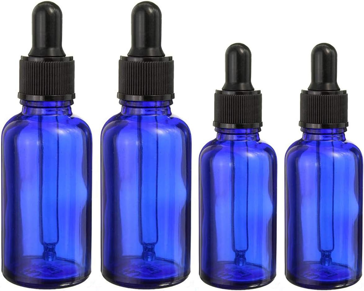 4 Pack Blue Amber Empty Glass Bottle with Pipettes Dropper10ml 20ml Boston Refillable Glass Bottle with Black Screw Cap and Essential Oil Aromatherapy Eye Drops Reagent Liquid Bottle