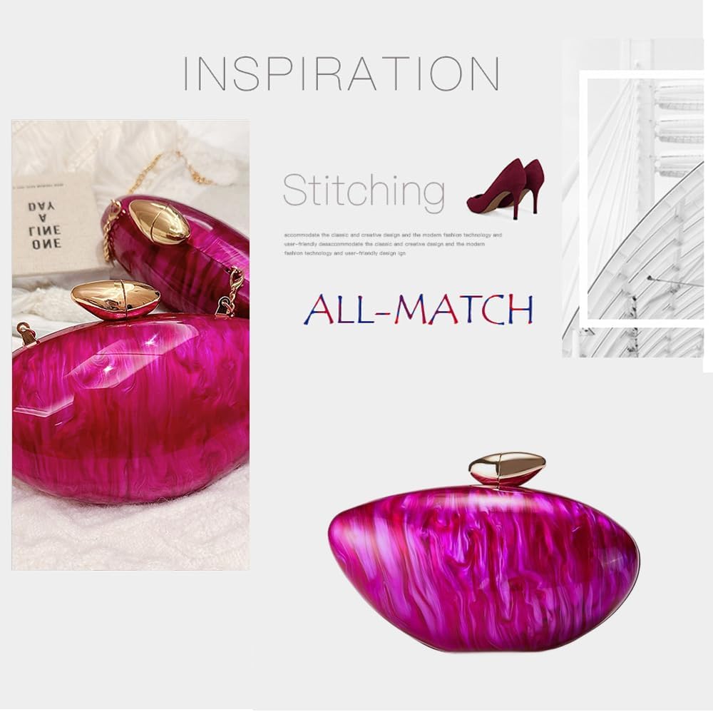 Cute Marble Acrylic Clutch Purses, Shiny Seashell Purse Egg Shape Handbag White Clutch Crossbody Evening Bag