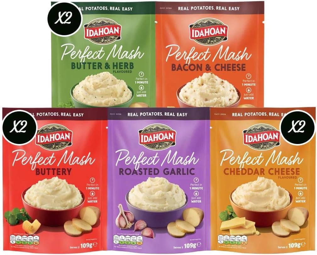 – Idahoan Perfect Mash Potato Variety Pack of 8 x 109g - Instant Mashed Potato Family Pack Butter & Herb, Buttery, Bacon & Cheese, Roasted Garlic, Cheddar Cheese Mashed Potaoes Cooks in 1 Minute