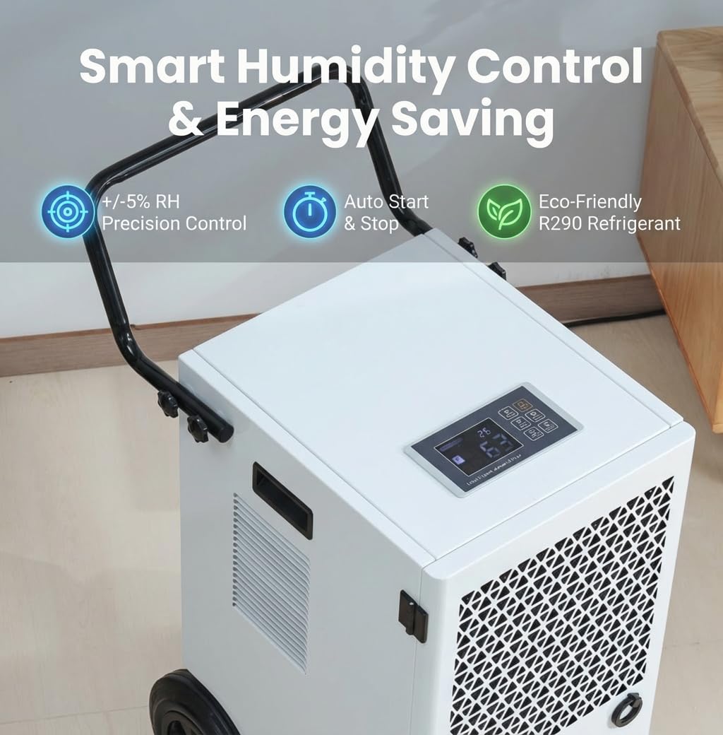 Deshumidificador Industrial Profesional 120L/Día : Deshumidificador Grandes Superficies 300m² con Depósito 7L Drenaje Continuo Pantalla Digital Ruedas para Garaje Sótano Baño