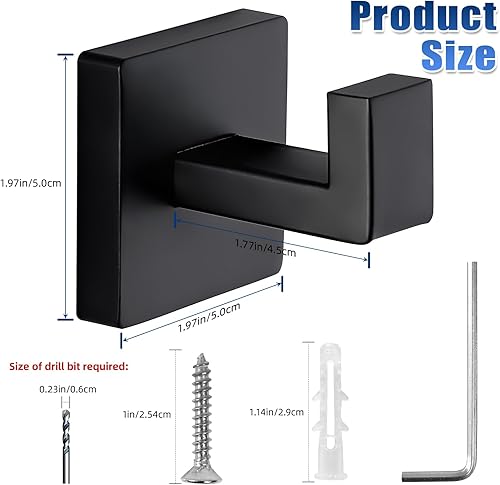 Miniatura 6 de Ganchos de toalla negros mate para baños, gancho moderno de acero inoxidable resistente montado en la pared, paquete de 4, ideal para colgar Mate