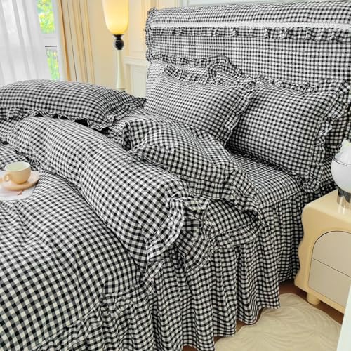 Image of LifeTB Black Gingham Comforter Set King Ruffle Checkered Plaid Comforter Set 3 Pieces Boho Grid Bed Comforter with 2 Pillowcases Fluffy Soft Vintage Checkered Lightweight Gingham Bedding Set King