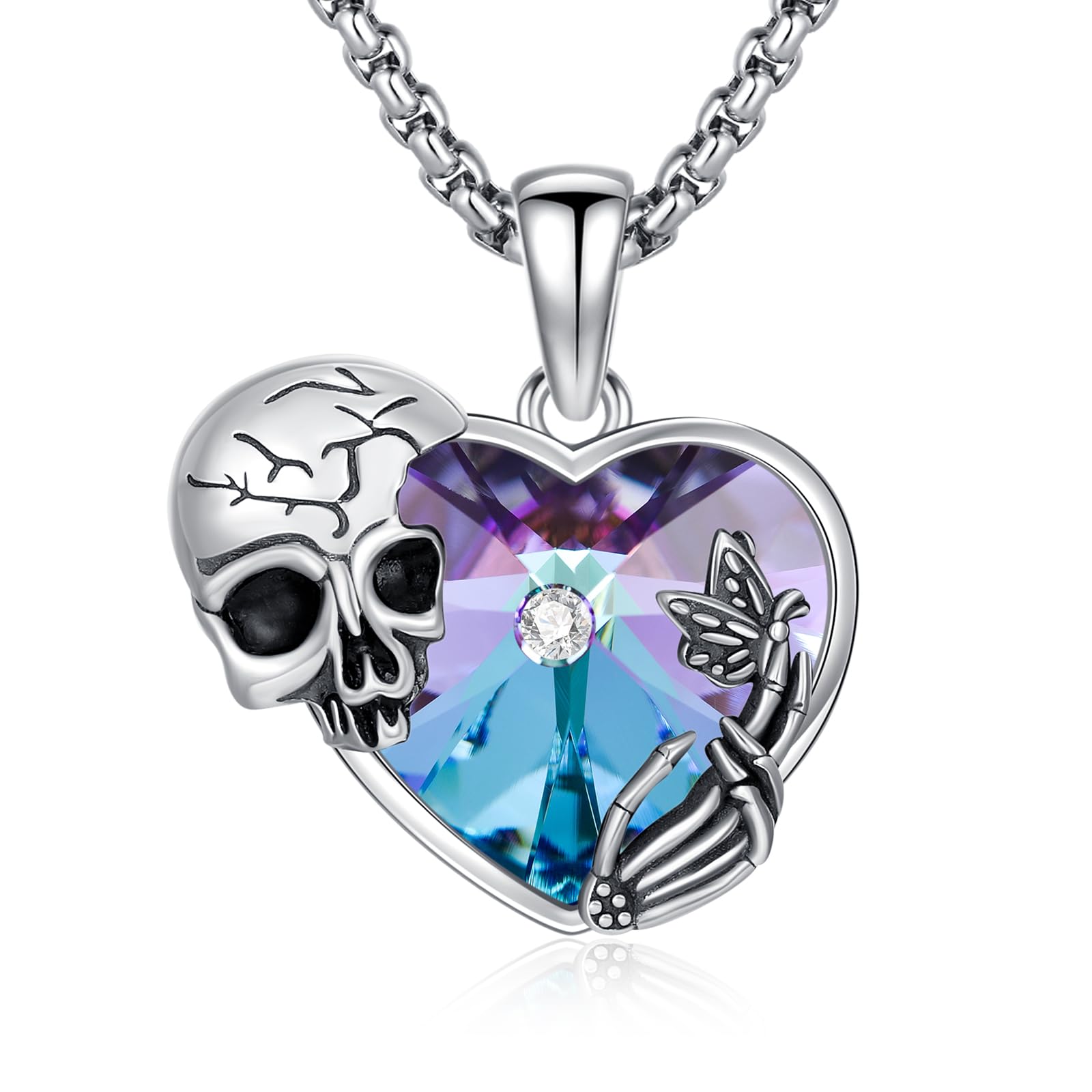 Gothic Anhänger Halskette Sterling Silber Kristall Totenkopf/Voodoo Puppe/Schlange Pentagramm/Rib/Memento Mori Anhänger Goth Schmuck Geschenke für Unisex, mit Edelstahlkette