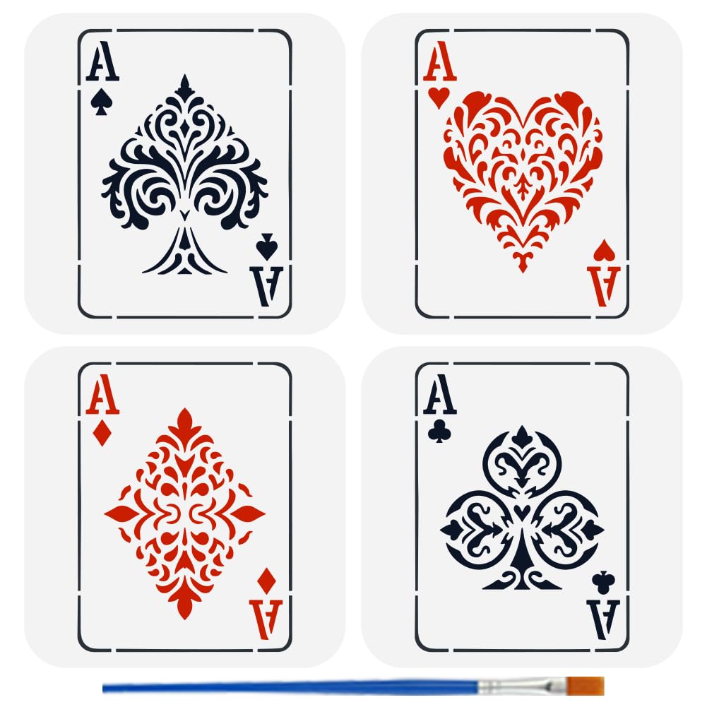 FINGERINSPIRE 4PCS Playing Cards Painting Stencil with Paint Brush 5.9x5.9inch Playing Card Suits Stencil Plastic Hearts Clubs Diamonds Spades Pattern