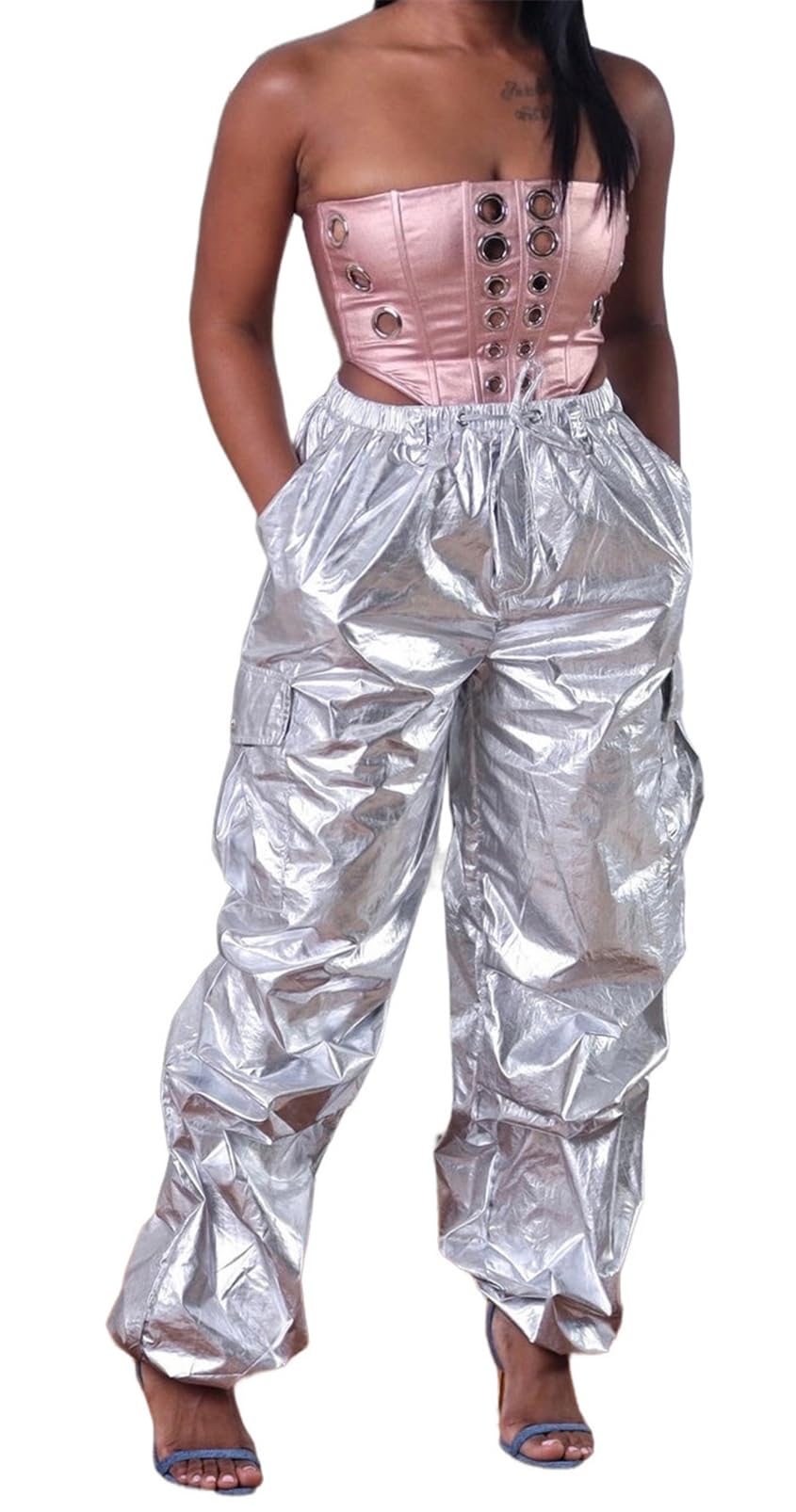 Qikaka Womens High Waits Bodycon Pockets Satin Sexy Nightclub Party Pants