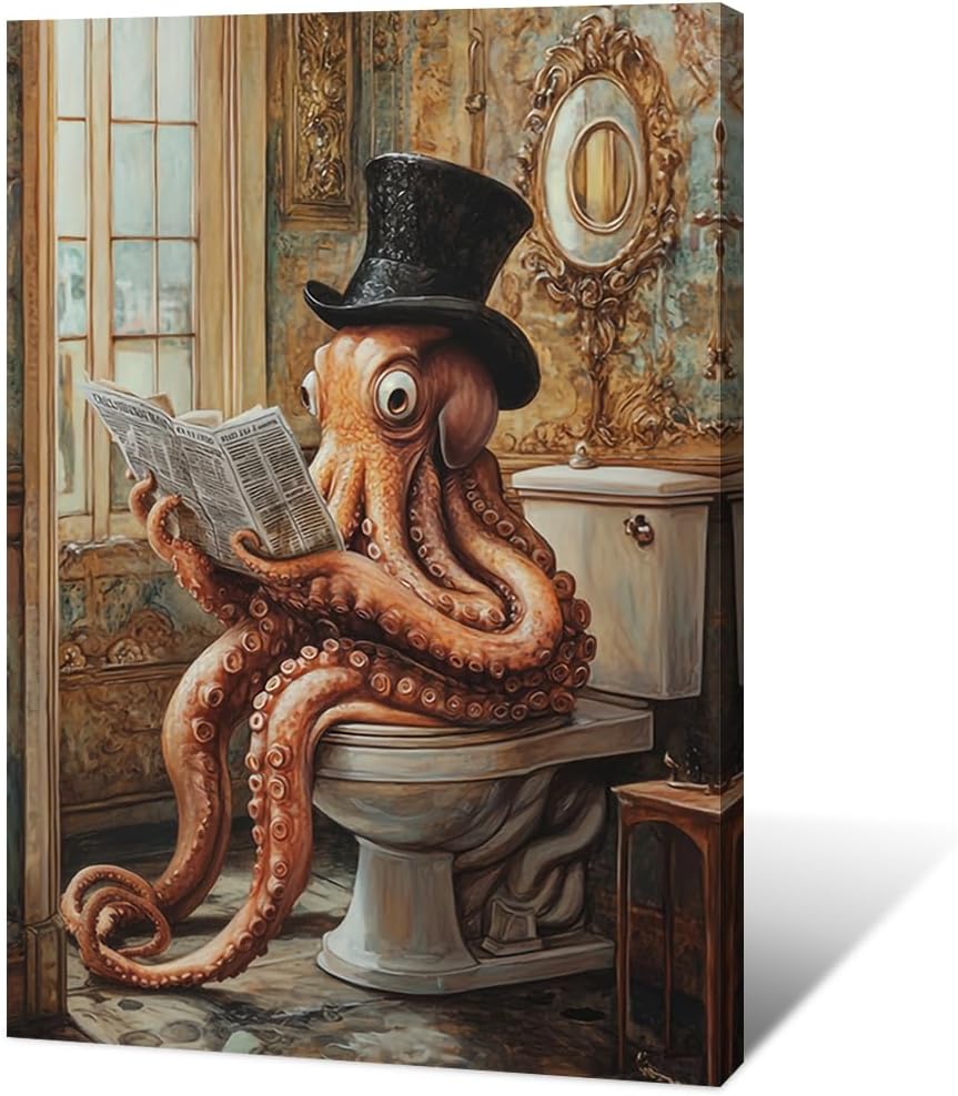 Funny Bathroom Wall Art Goth Octopus in Bathtub Posters Whimsical Room Decor Cool Nautical Canvas Animal Print Pictures Ocean Themed Aesthetic for Dorm Apartment Toilet Restroom House 12x16in Framed